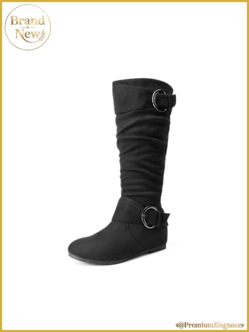 Women Wide Calf Knee High Wedge Boots Faux Fur Lined Buckle Detail